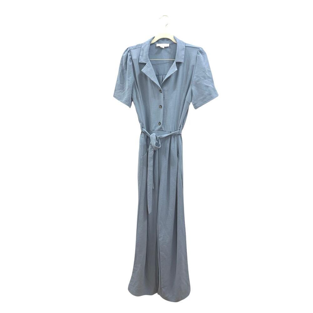 Monteau Light Blue Button-Front romper with Tie Waist wide leg